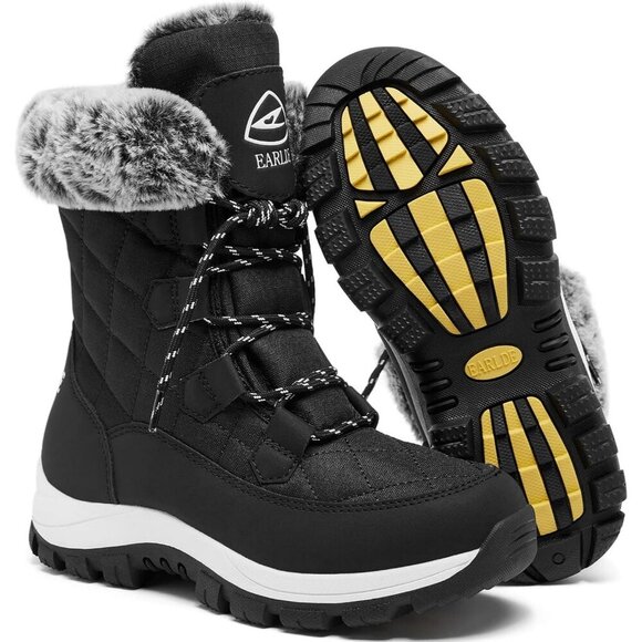 Women’s Black Wheat Strip Waterproof Snow Boots Mid-Calf Faux Fur Lined Non-Slip